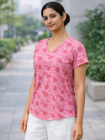 Pink Airy Linen Cotton Printed Top