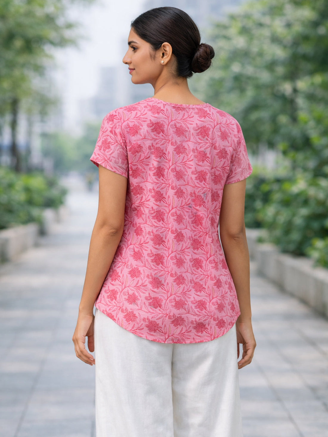 Pink Airy Linen Cotton Printed Top