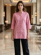 Pink Handloom Cotton Front-Slit Short Kurti
