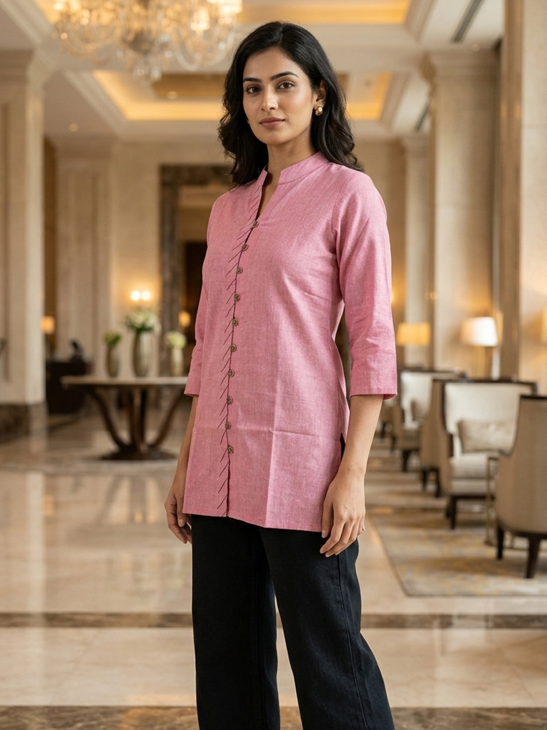 Pink Handloom Cotton Front-Slit Short Kurti