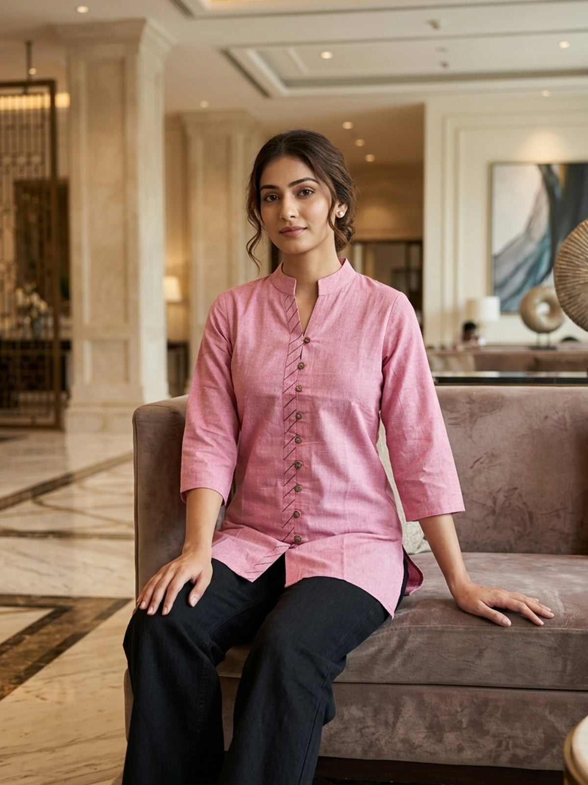 Pink Handloom Cotton Front-Slit Short Kurti