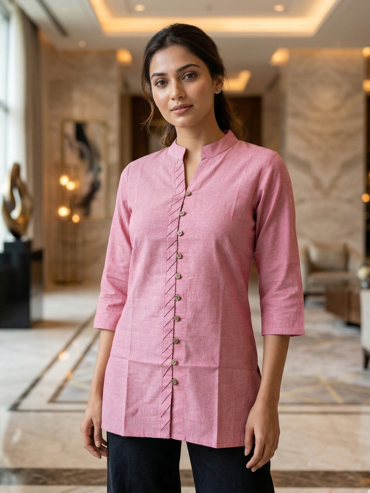Pink Handloom Cotton Front-Slit Short Kurti