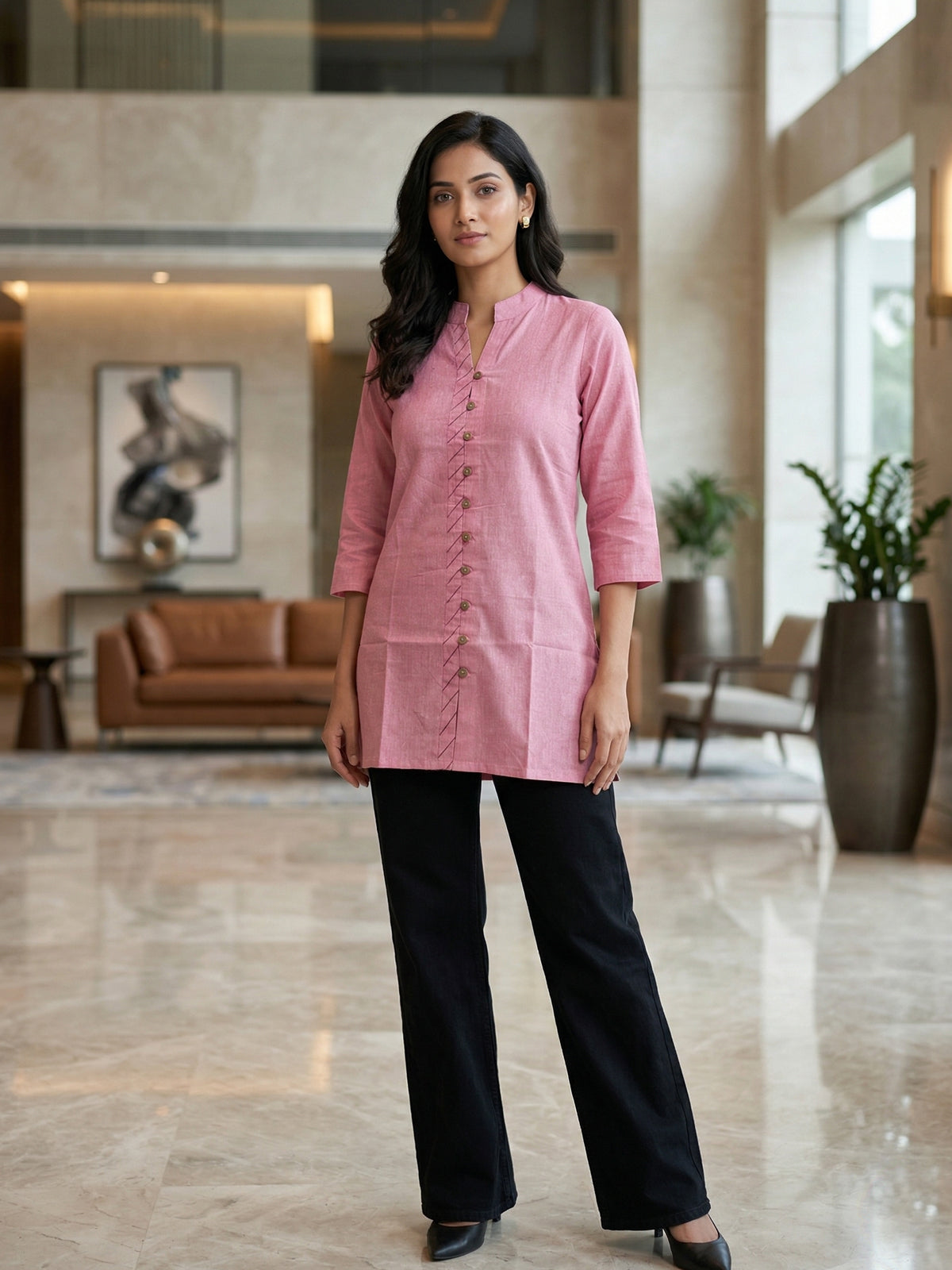 Pink Handloom Cotton Front-Slit Short Kurti