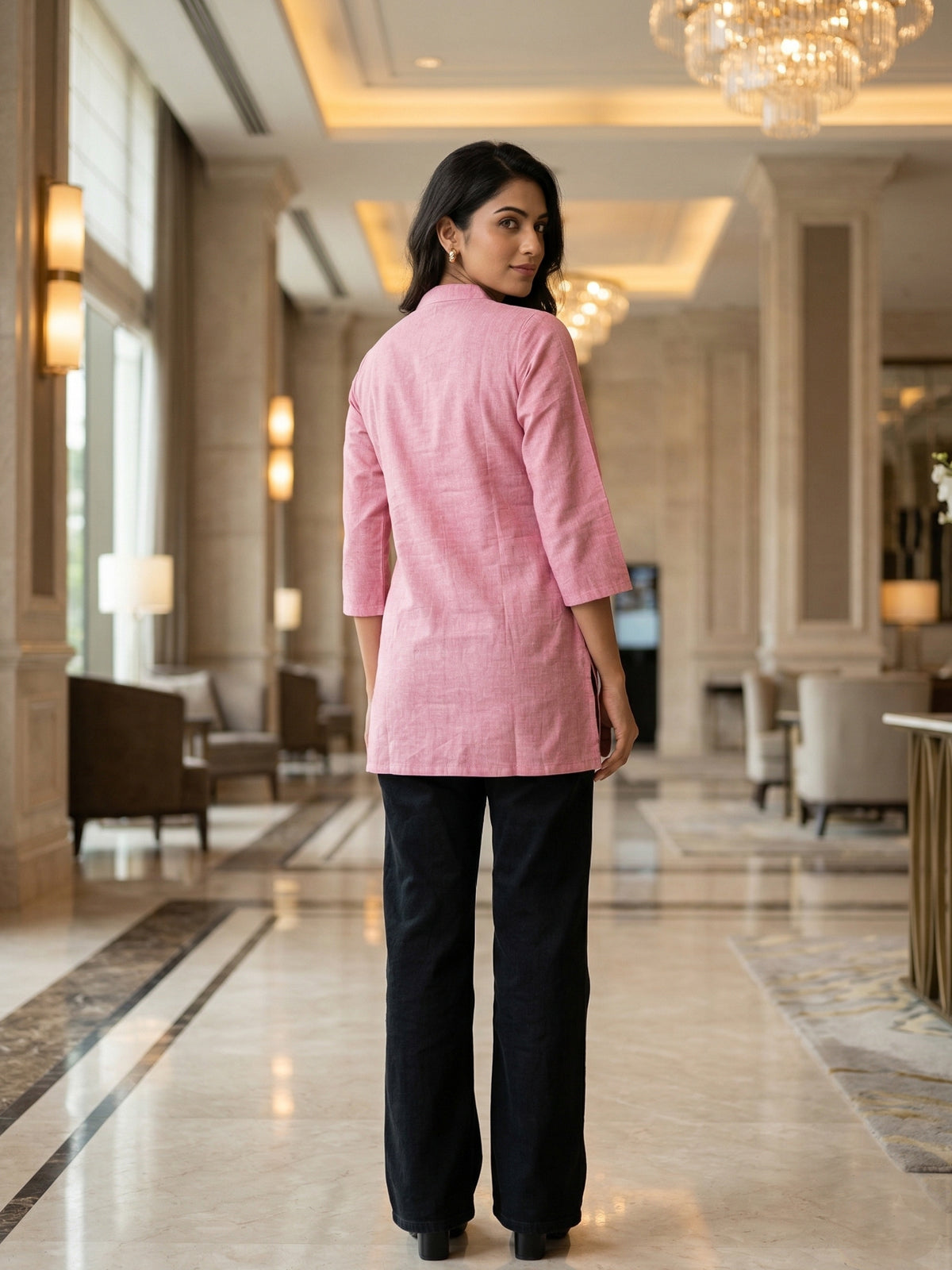 Pink Handloom Cotton Front-Slit Short Kurti