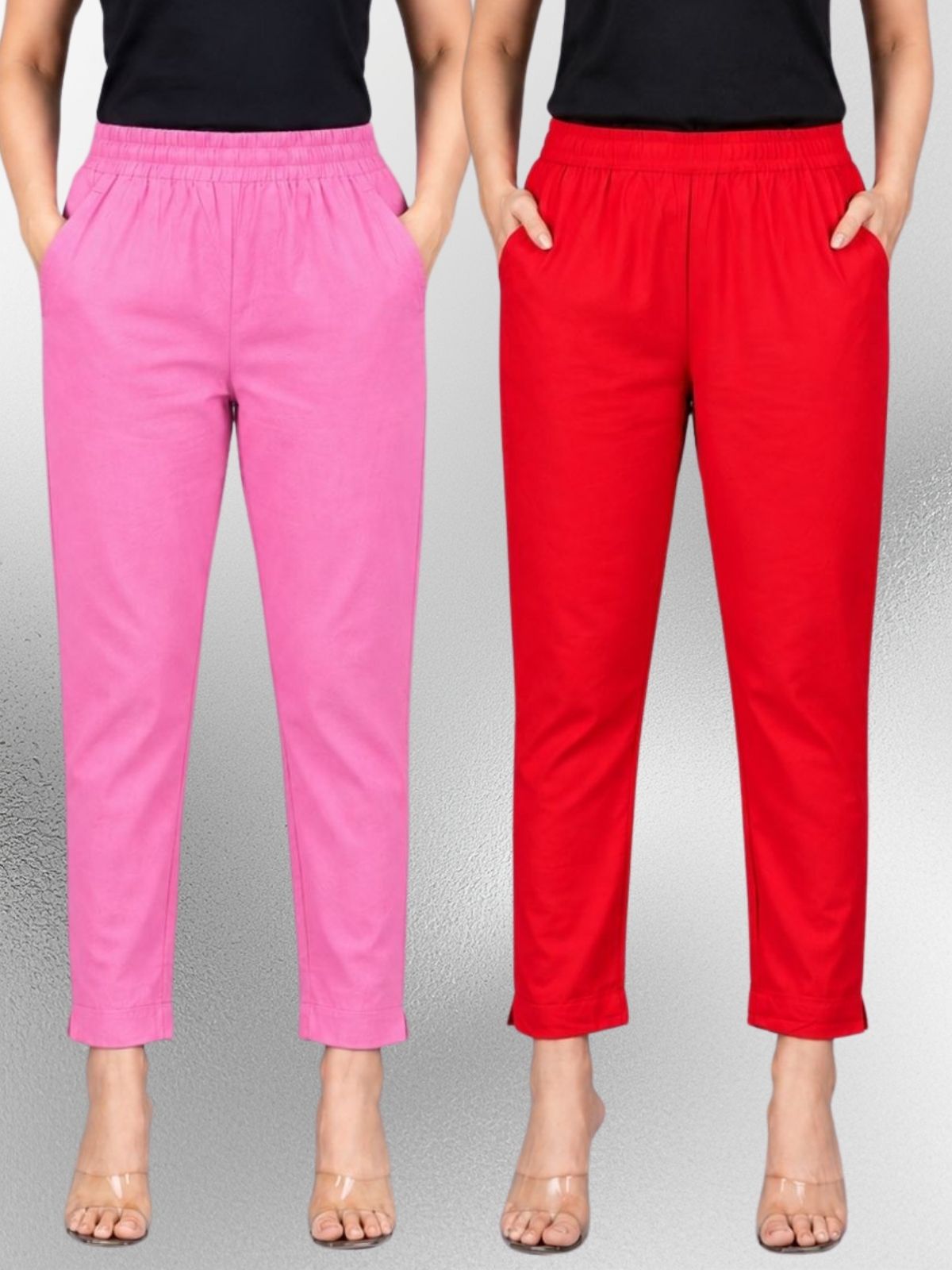 Pink & Red Regular Fit Elastic Cotton Trouser Combo