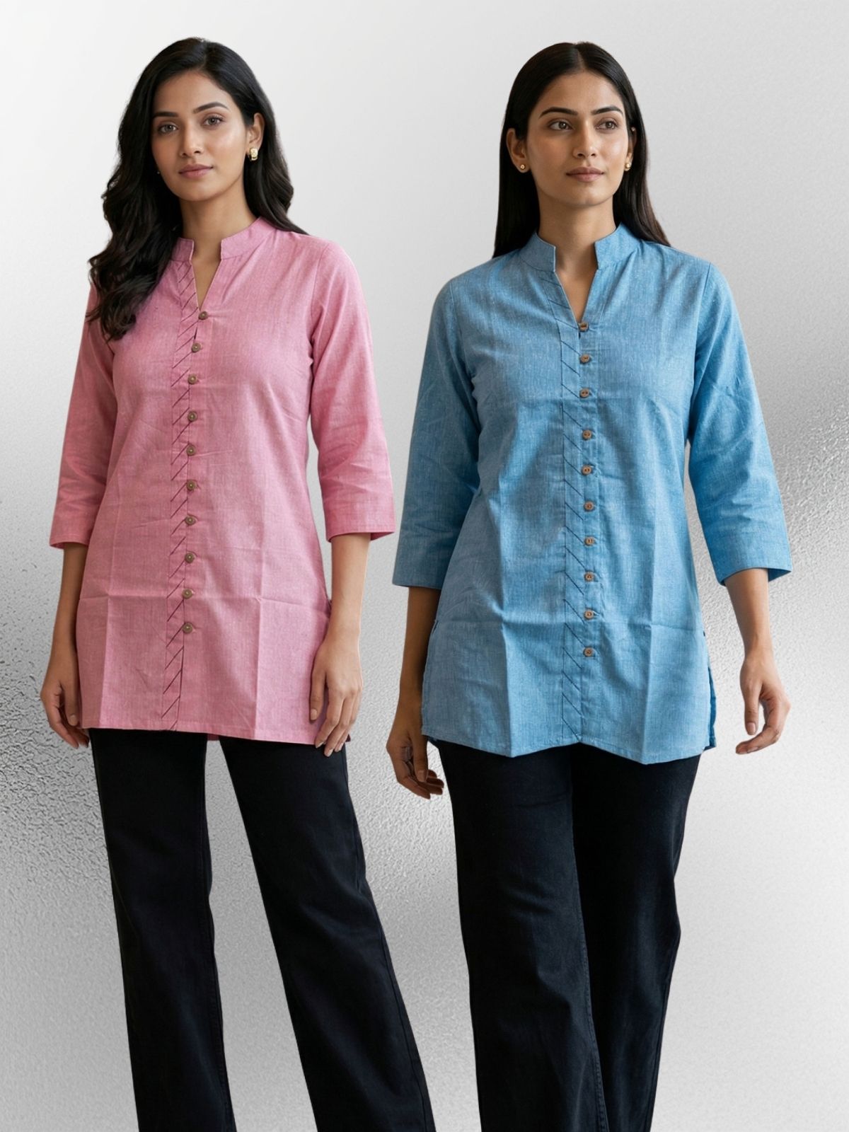 Pink & SkyBlue Handloom Cotton Front-Slit Short Kurti Combo