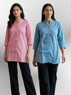 Pink & SkyBlue Handloom Cotton Front-Slit Short Kurti Combo