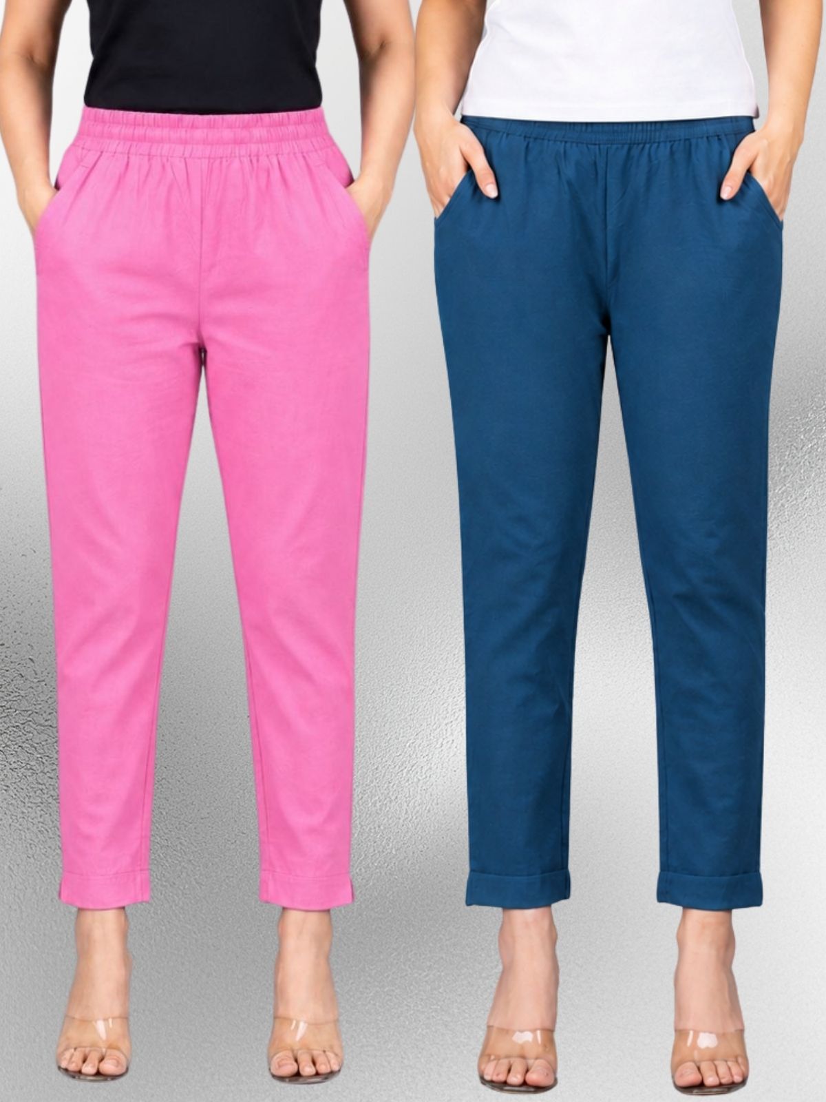 Pink & Tealblue Regular Fit Elastic Cotton Trouser Combo
