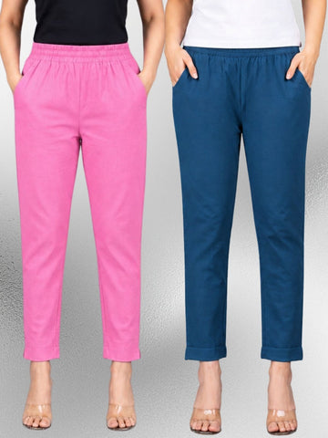 Pink & Tealblue Regular Fit Elastic Cotton Trouser Combo