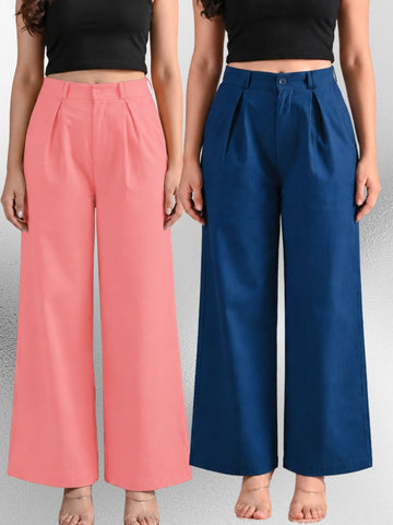Pink & Tealblue-Cotton Wide Leg Pants Combo