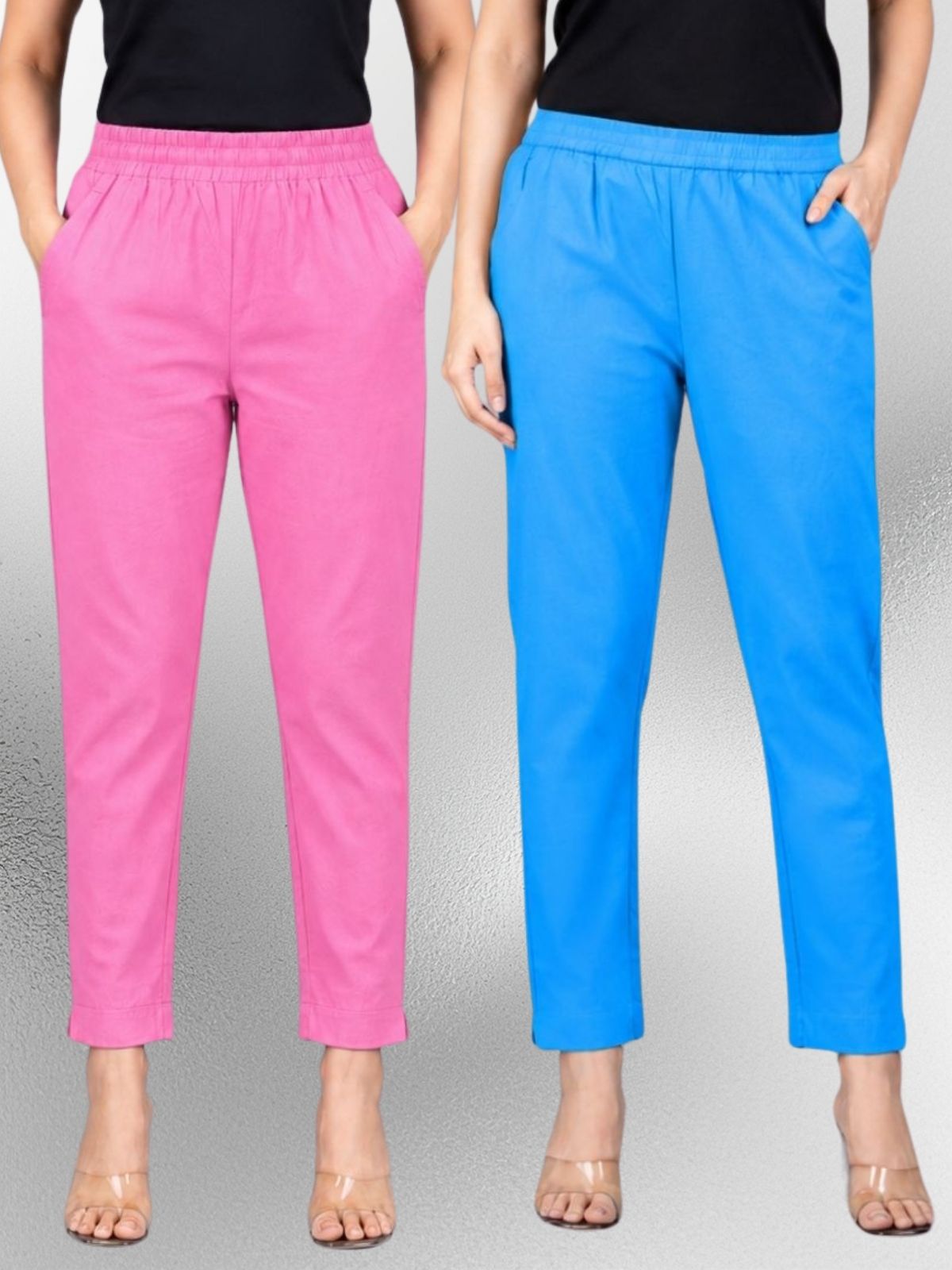Pink & Turquoise Regular Fit Elastic Cotton Trouser Combo