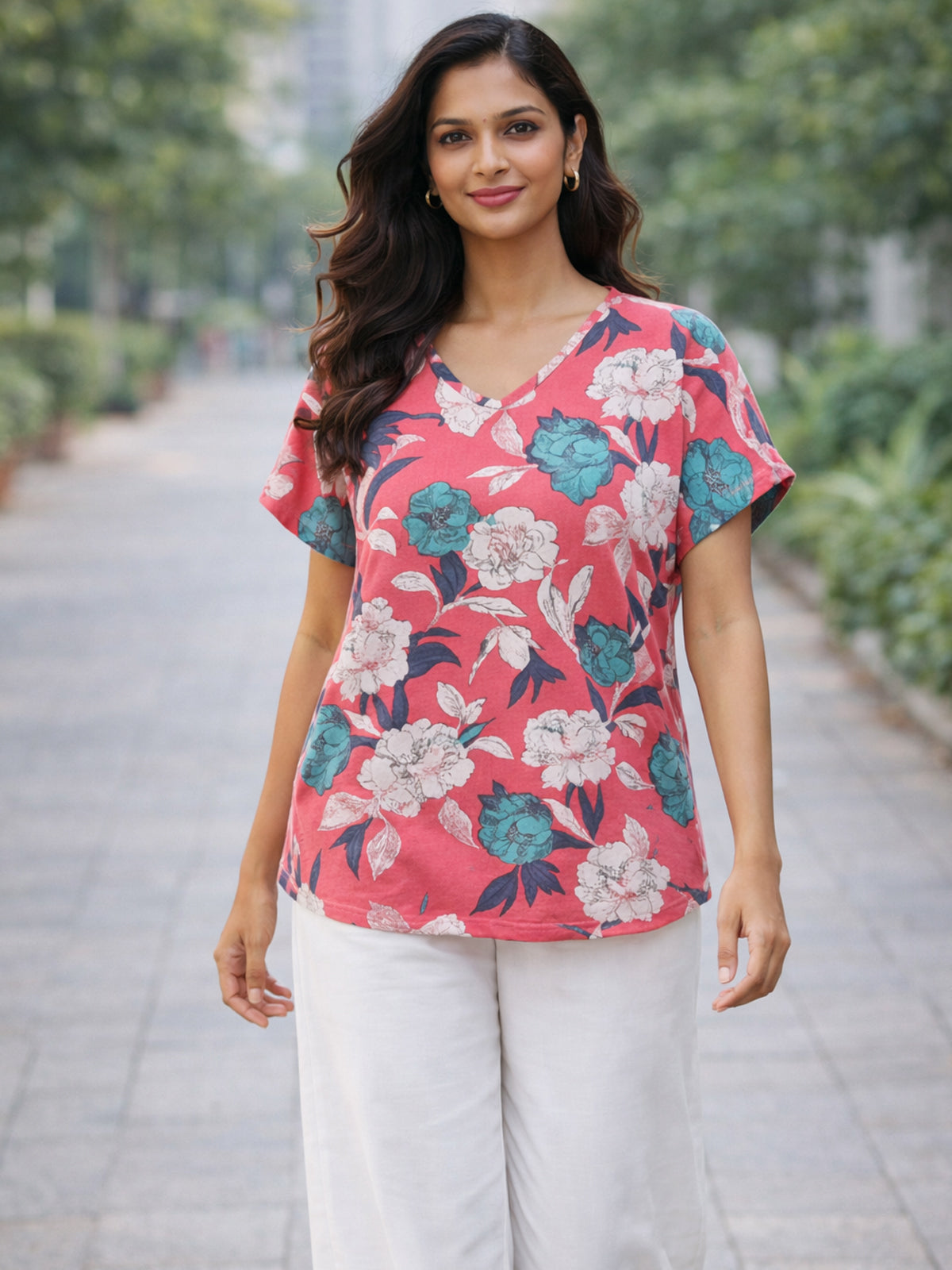 Pink-White Airy Linen Cotton Printed Top