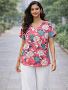 Pink-White Airy Linen Cotton Printed Top