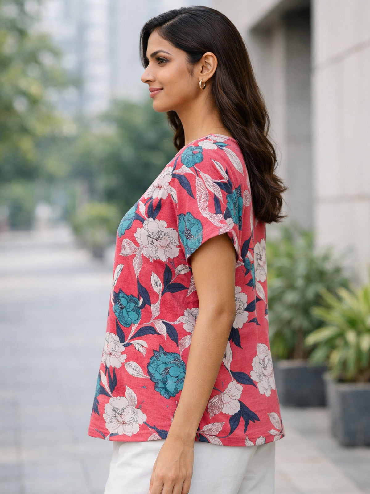 Pink-White Airy Linen Cotton Printed Top