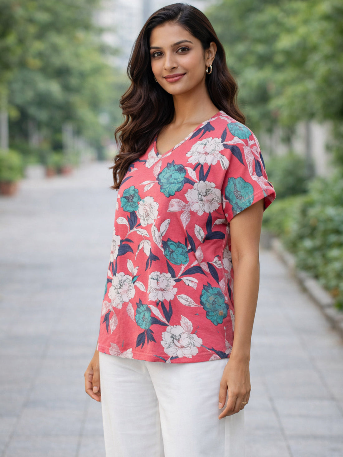 Pink-White Airy Linen Cotton Printed Top