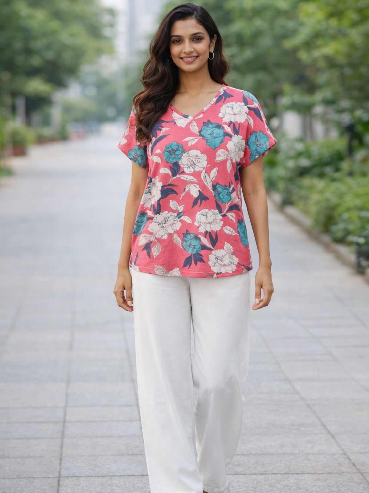 Pink-White Airy Linen Cotton Printed Top