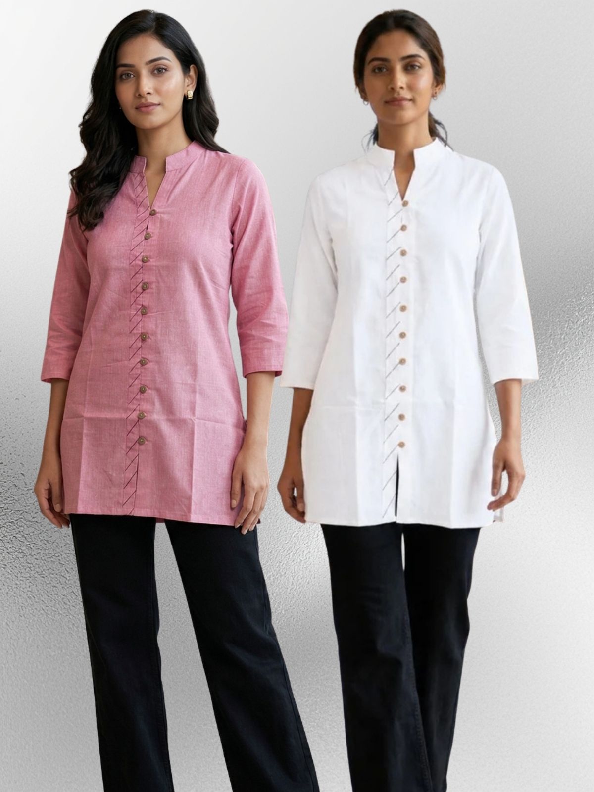 Pink & White Handloom Cotton Front-Slit Short Kurti Combo