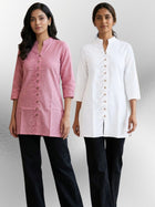 Pink & White Handloom Cotton Front-Slit Short Kurti Combo