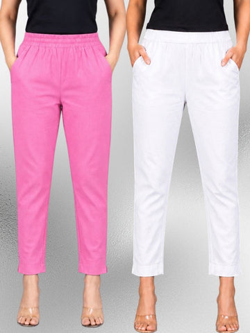 Pink & White Regular Fit Elastic Cotton Trouser Combo