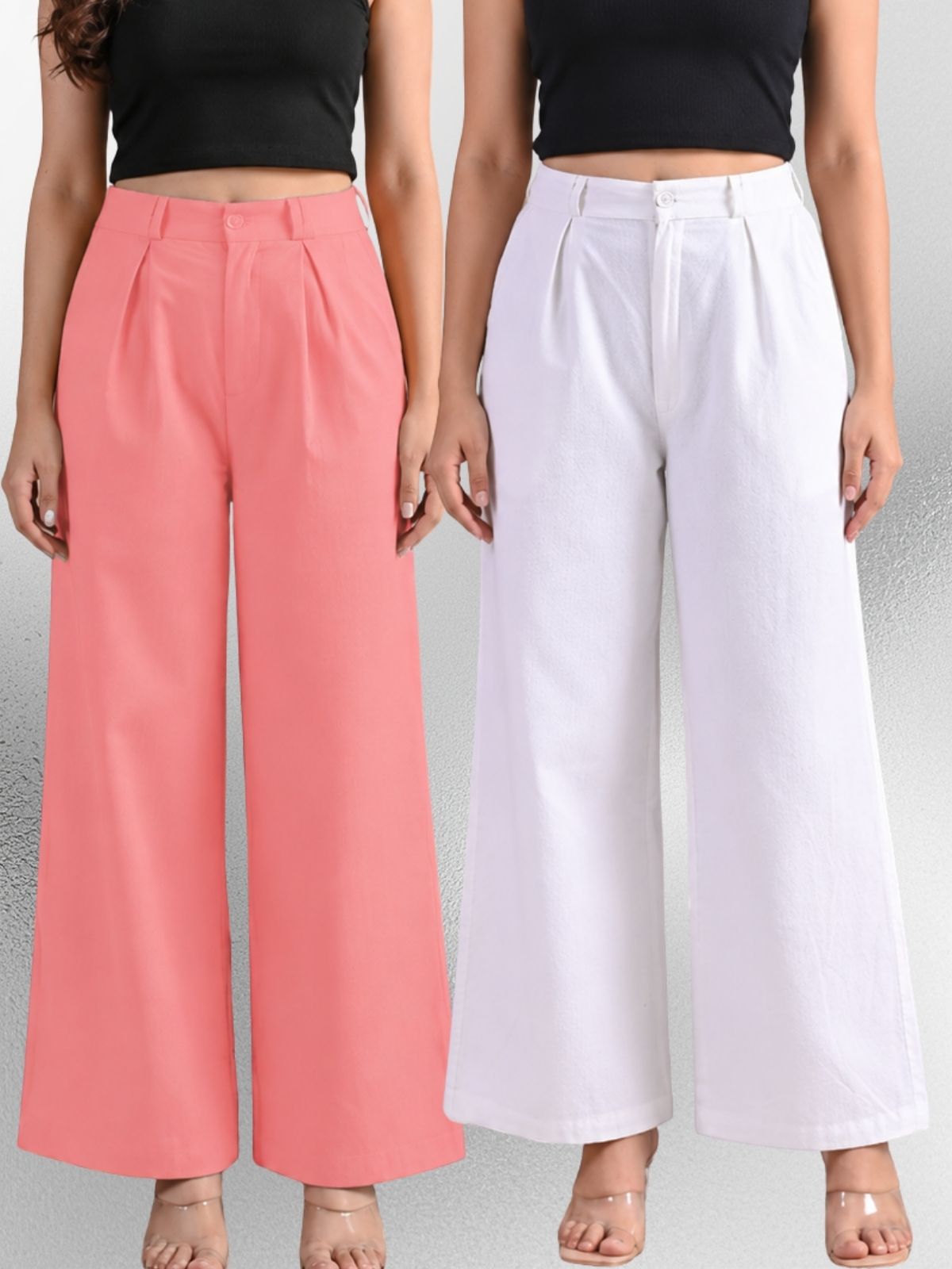 Pink & White-Cotton Wide Leg Pants Combo