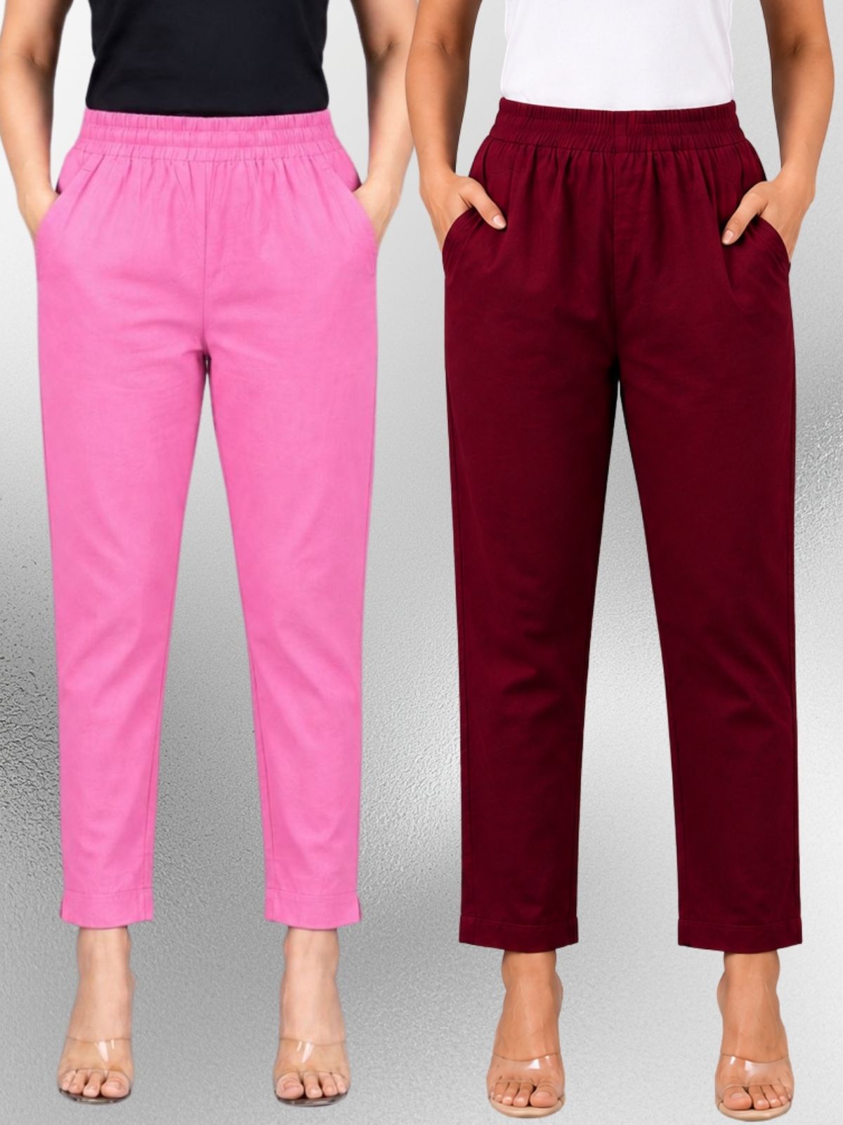 Pink & Wine Regular Fit Elastic Cotton Trouser Combo