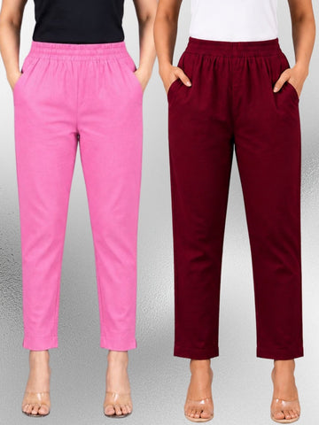 Pink & Wine Regular Fit Elastic Cotton Trouser Combo