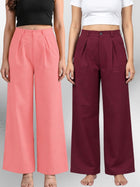 Pink & Wine-Cotton Wide Leg Pants Combo