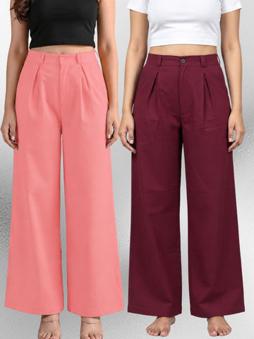 Pink & Wine-Cotton Wide Leg Pants Combo