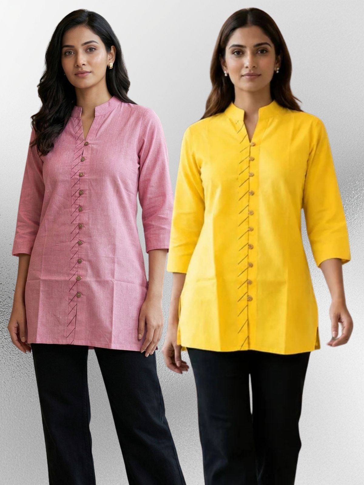 Pink & Yellow Handloom Cotton Front-Slit Short Kurti Combo