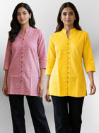 Pink & Yellow Handloom Cotton Front-Slit Short Kurti Combo