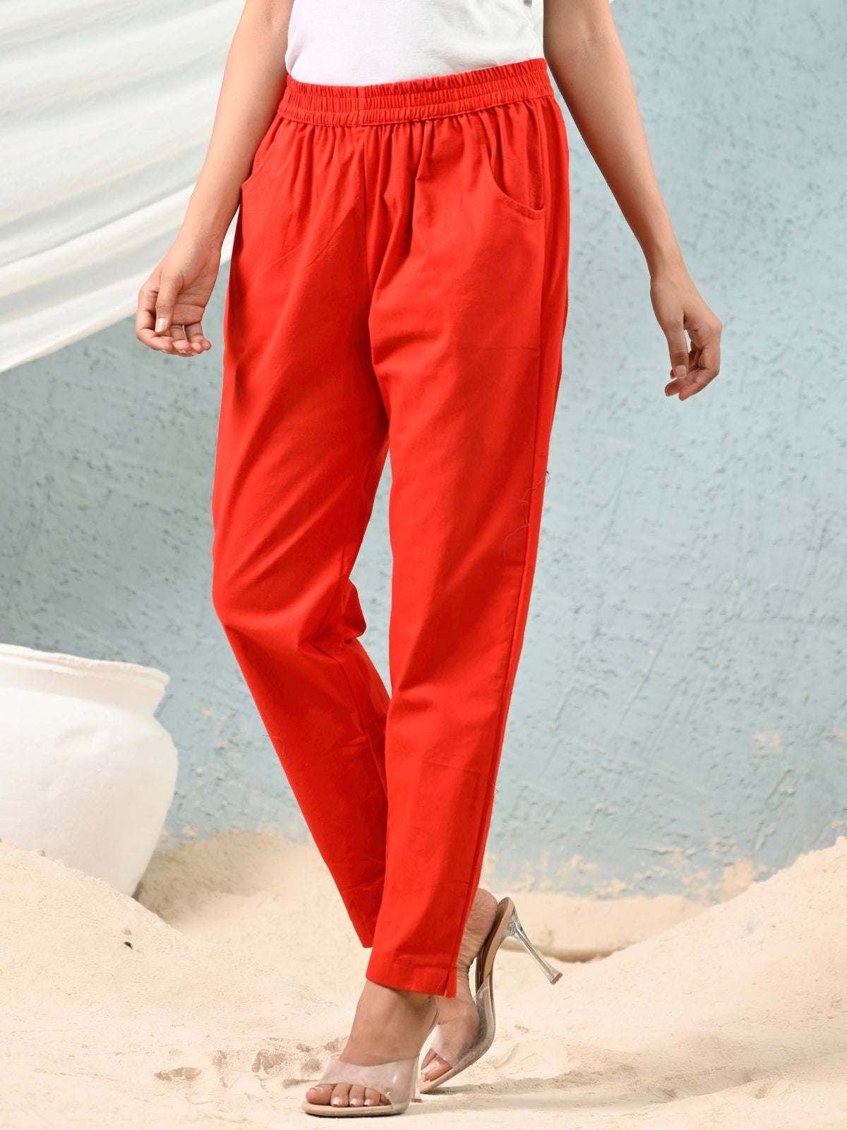 Red Regular Fit Elastic Cotton Trouser