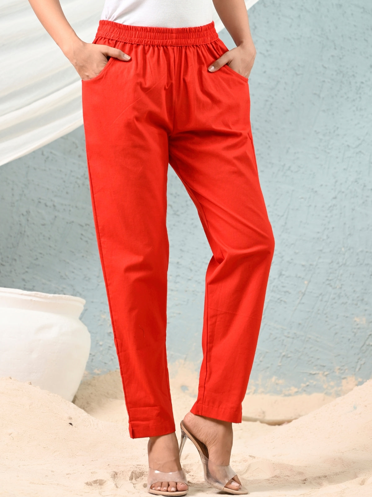 Red Regular Fit Elastic Cotton Trouser