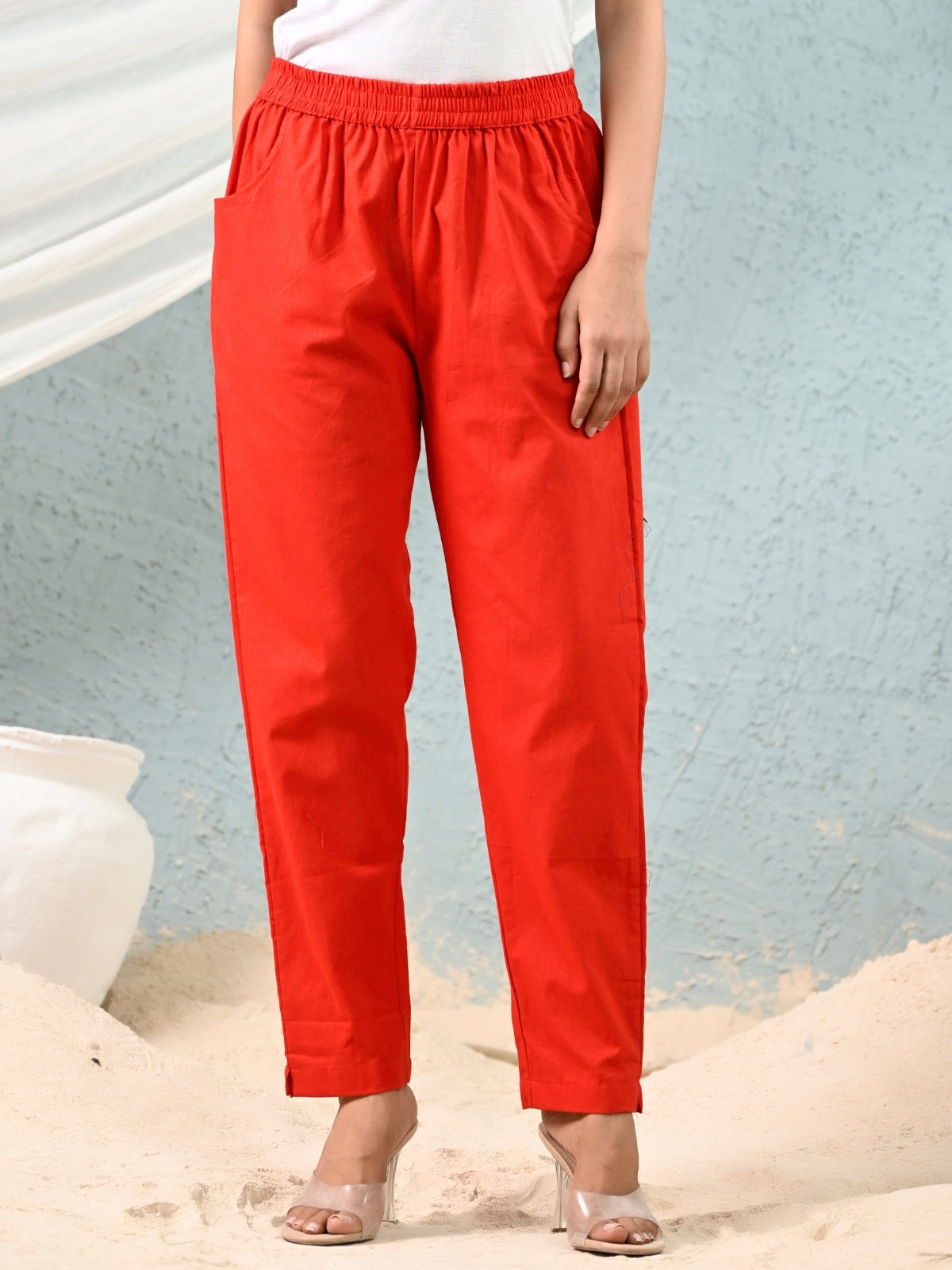 Red Regular Fit Elastic Cotton Trouser