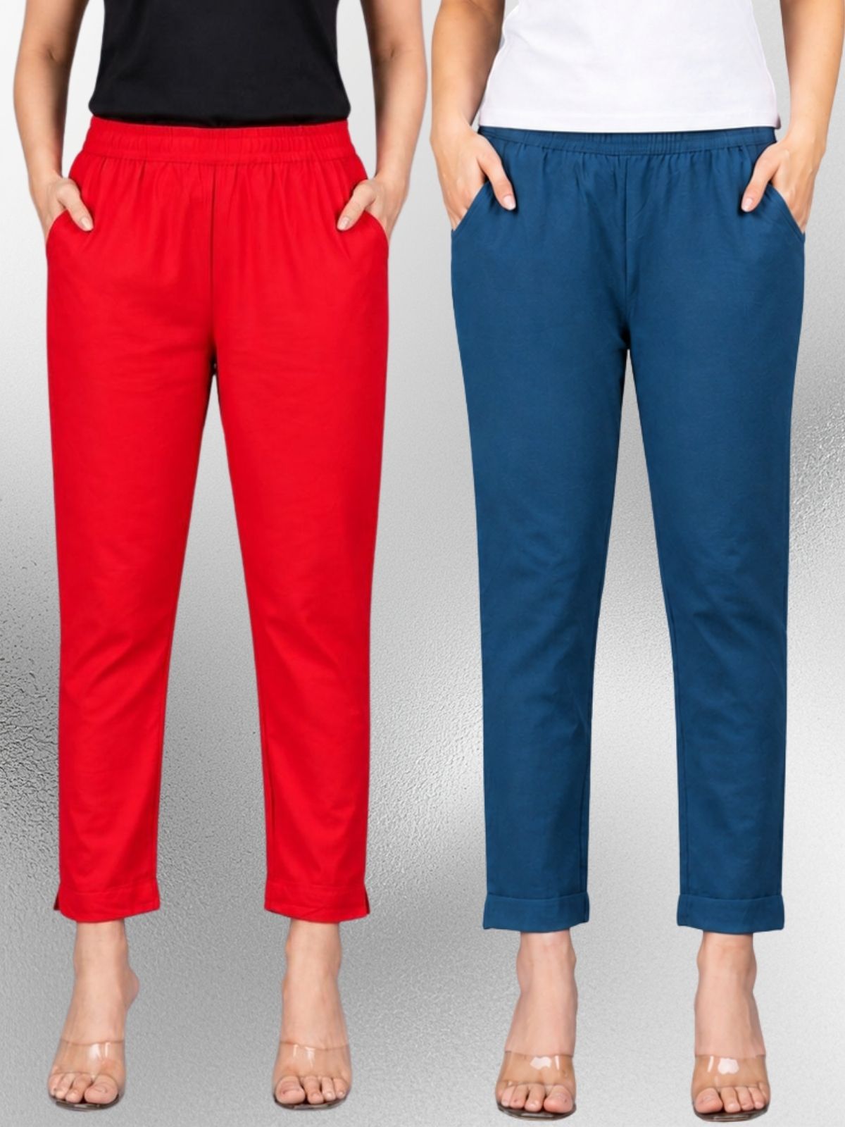 Red & Tealblue Regular Fit Elastic Cotton Trouser Combo