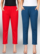 Red & Tealblue Regular Fit Elastic Cotton Trouser Combo