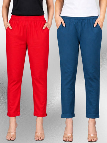 Red & Tealblue Regular Fit Elastic Cotton Trouser Combo