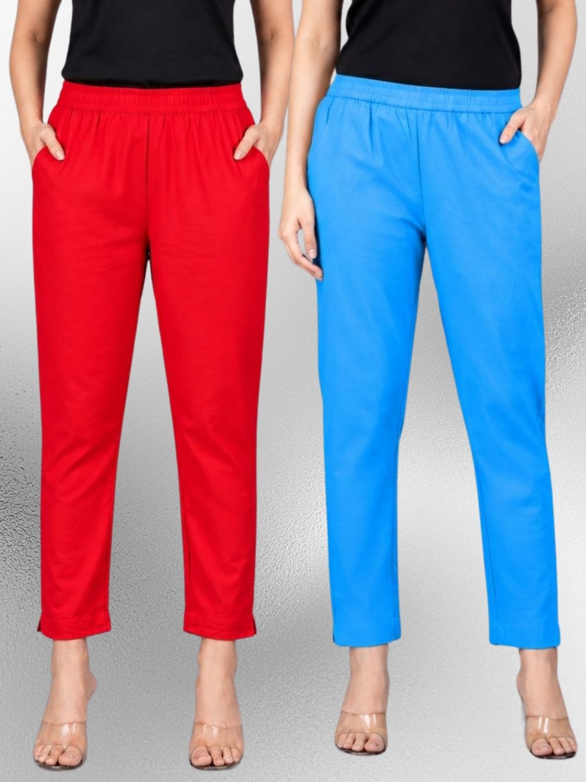 Red & Turquoise Regular Fit Elastic Cotton Trouser Combo