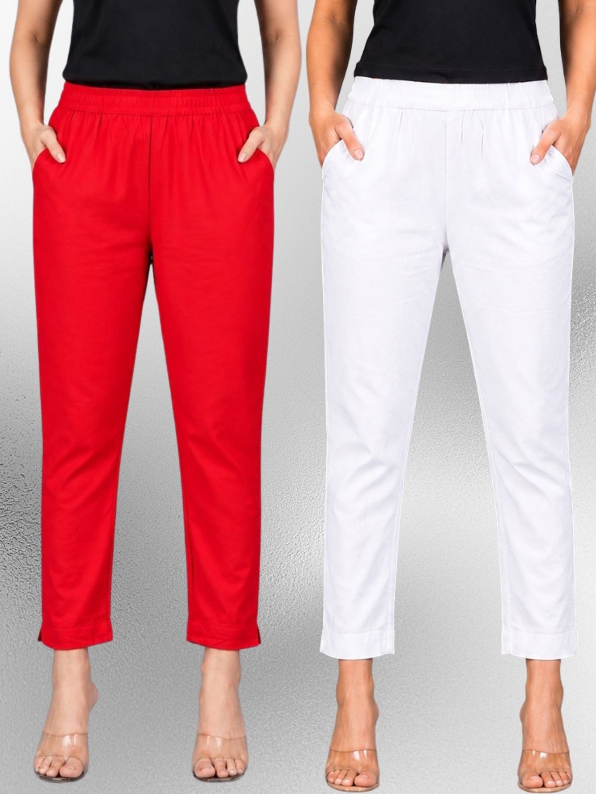 Red & White Regular Fit Elastic Cotton Trouser Combo