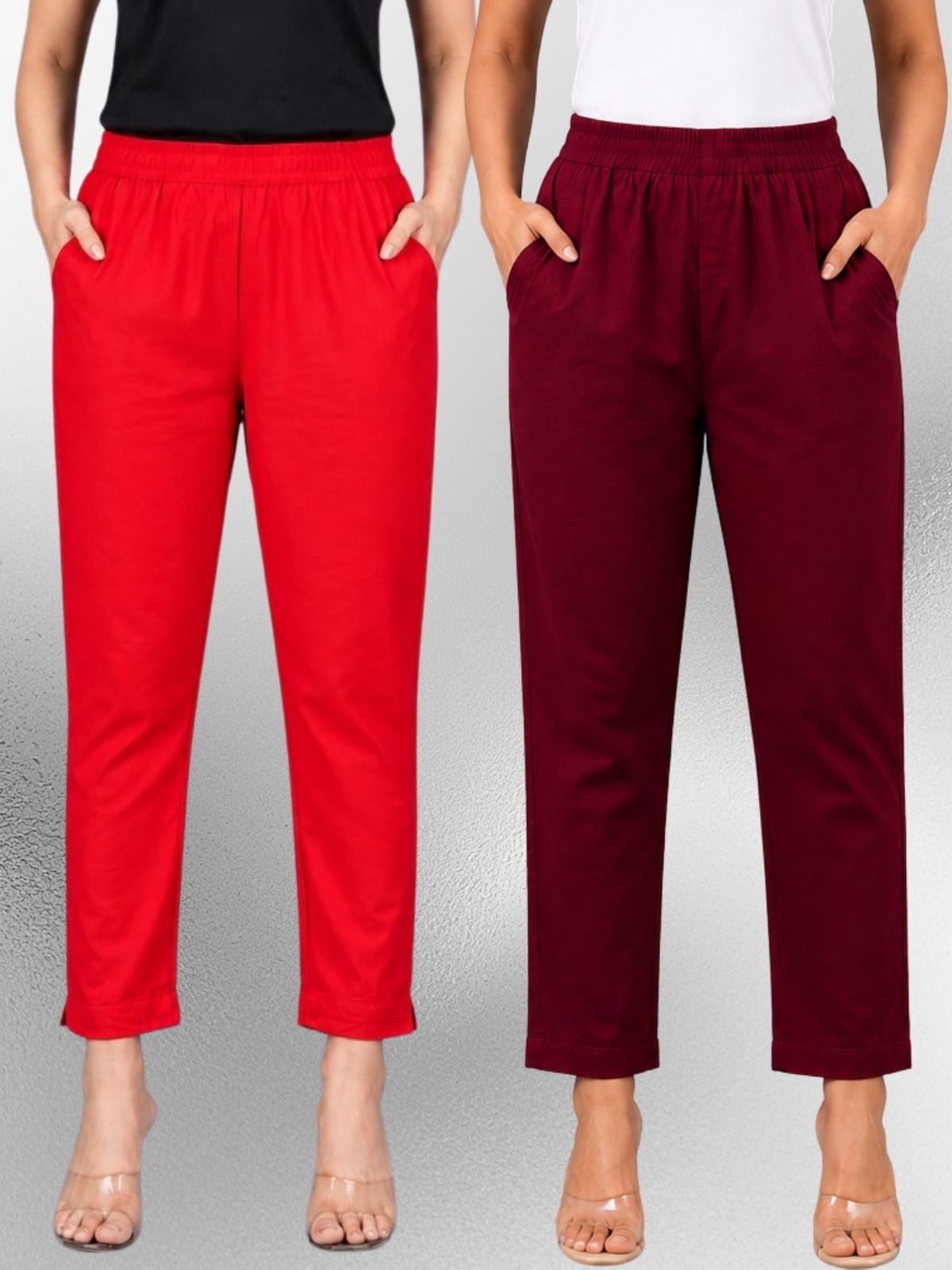Red & Wine Regular Fit Elastic Cotton Trouser Combo