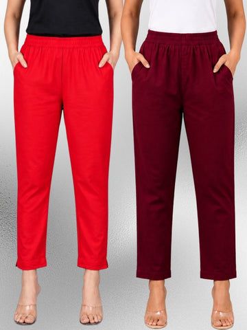 Red & Wine Regular Fit Elastic Cotton Trouser Combo
