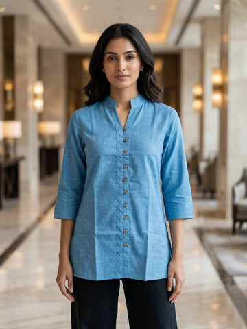 SkyBlue Handloom Cotton Front-Slit Short Kurti