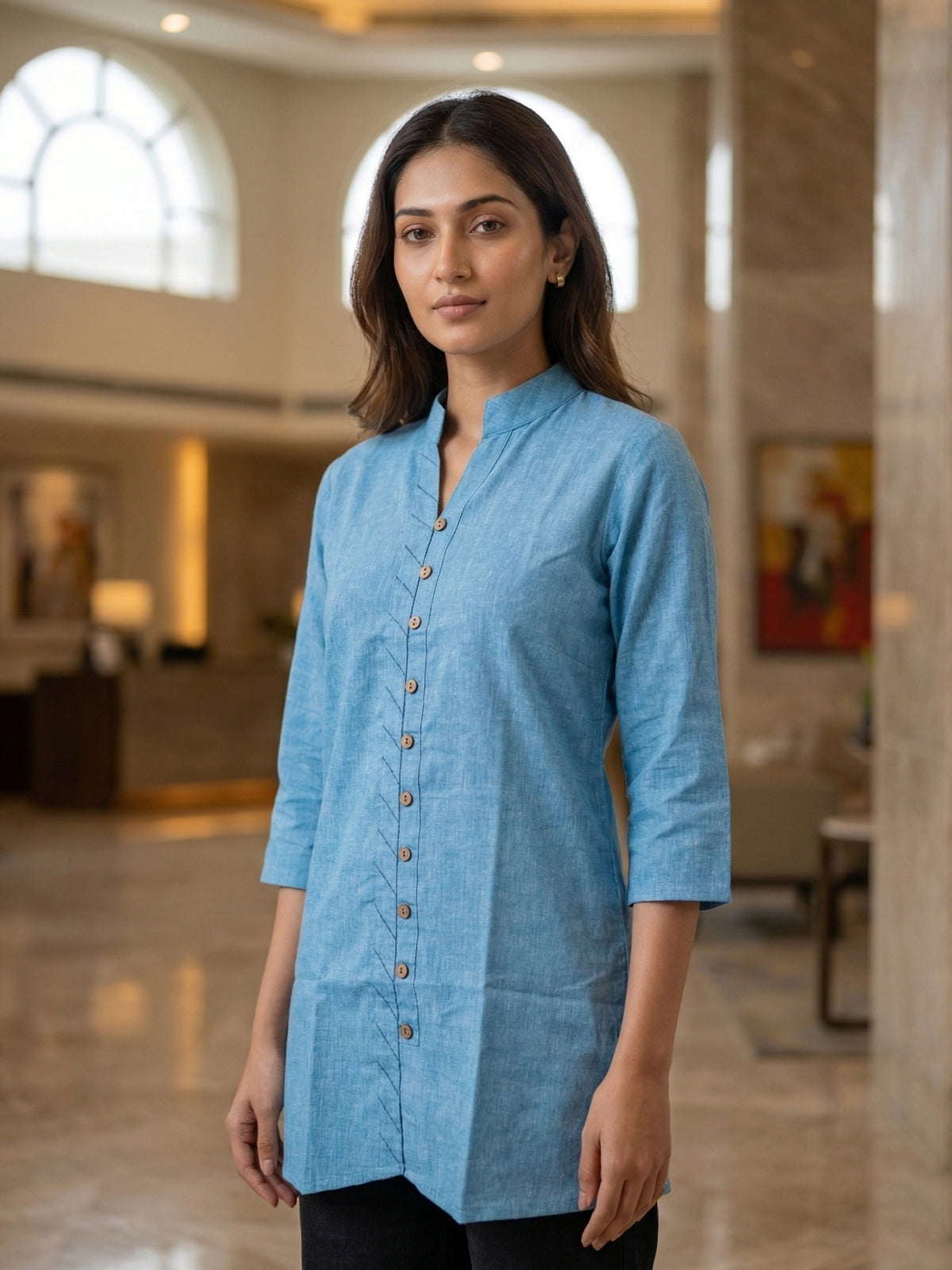 SkyBlue Handloom Cotton Front-Slit Short Kurti