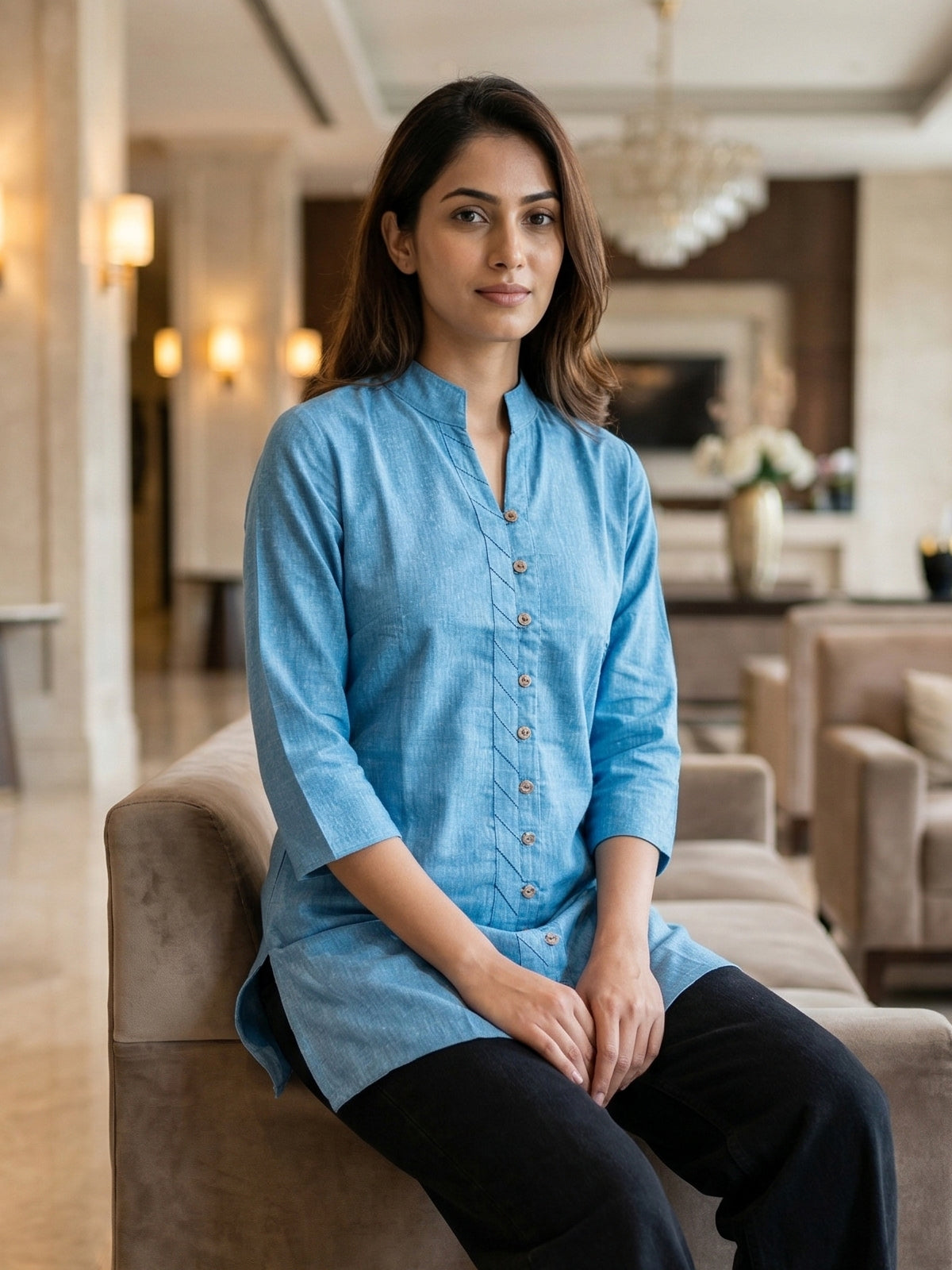 SkyBlue Handloom Cotton Front-Slit Short Kurti