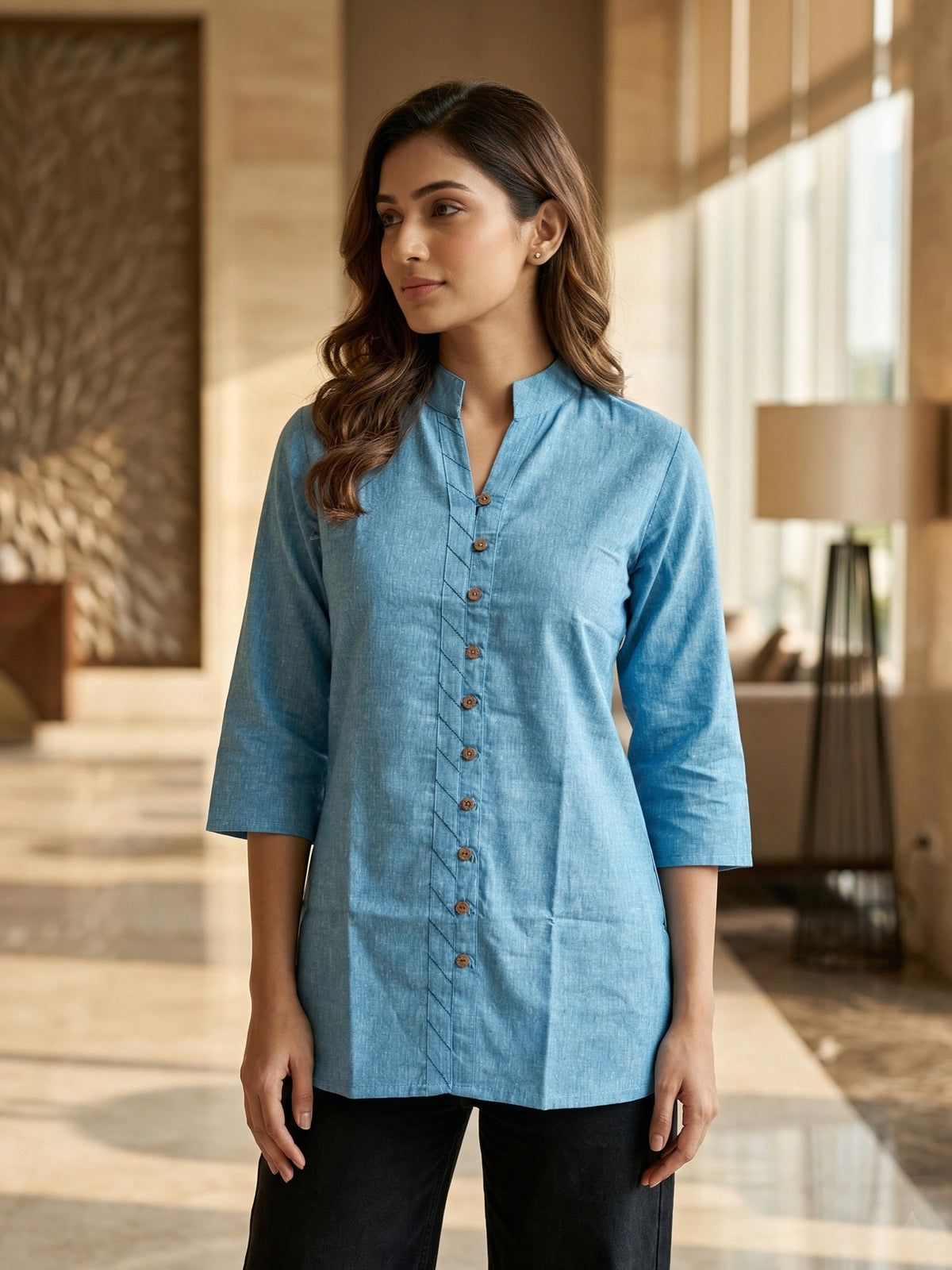 SkyBlue Handloom Cotton Front-Slit Short Kurti