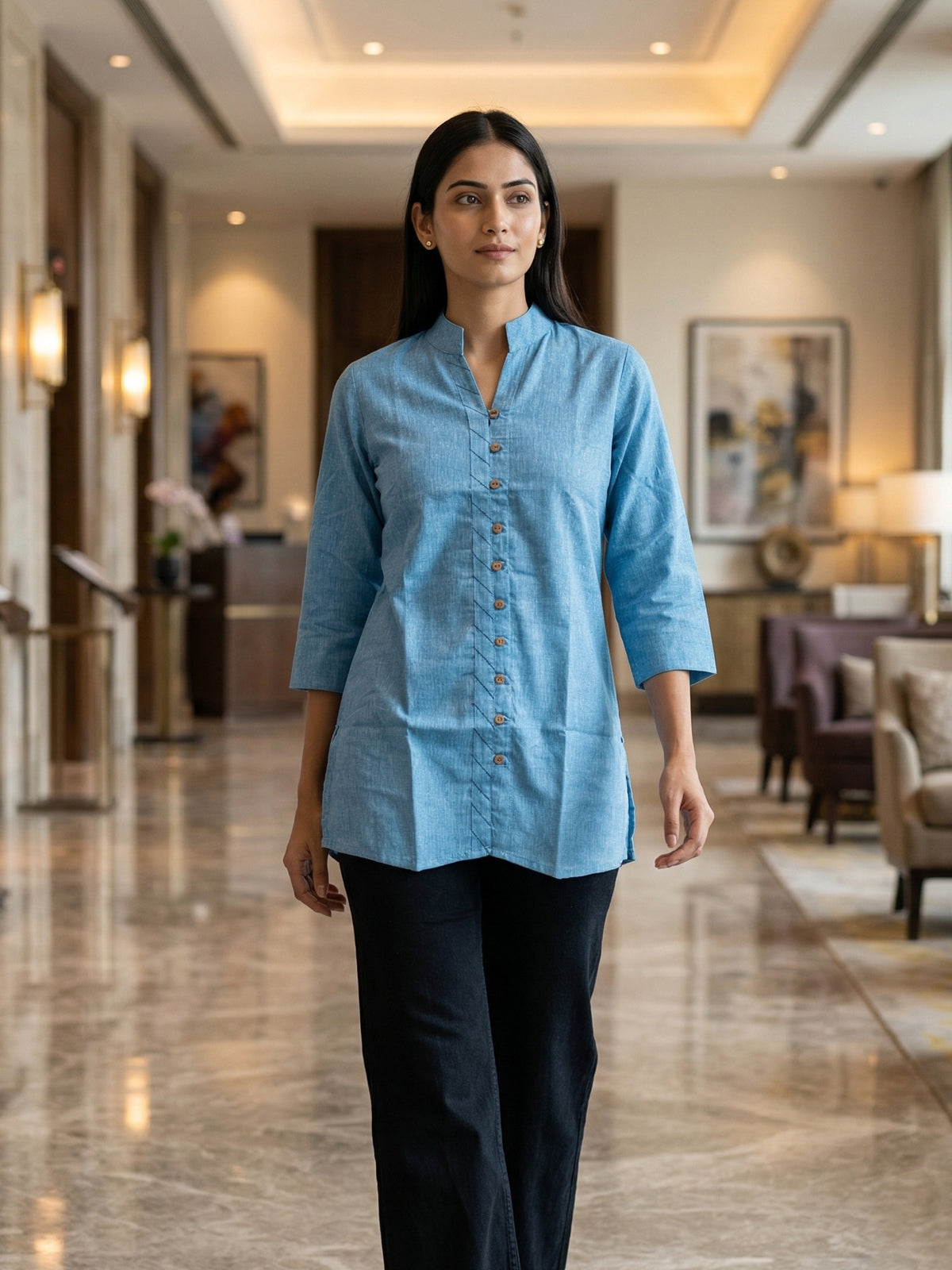 SkyBlue Handloom Cotton Front-Slit Short Kurti