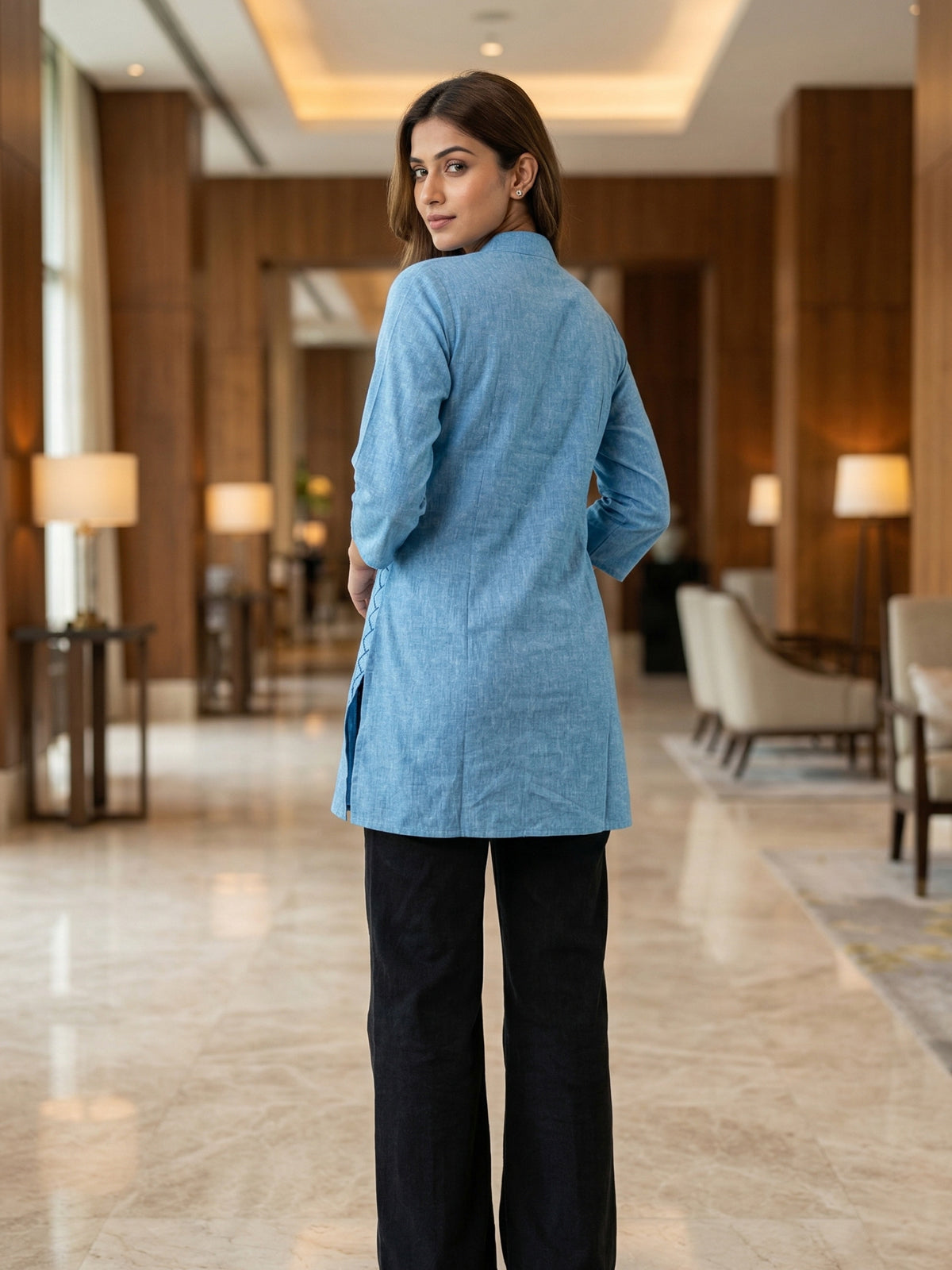 SkyBlue Handloom Cotton Front-Slit Short Kurti
