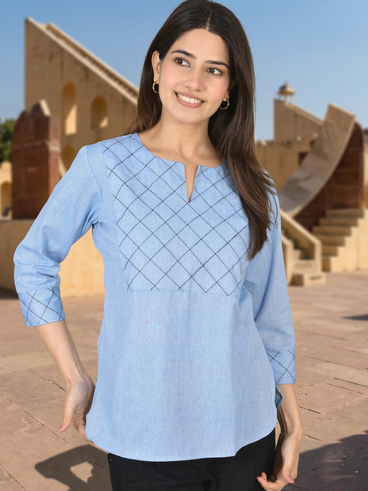 Sky Blue Handloom Cotton Yoke Top