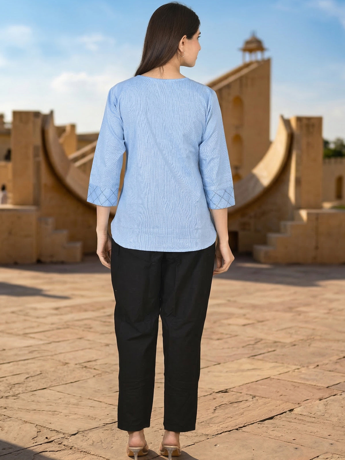 Sky Blue Handloom Cotton Yoke Top