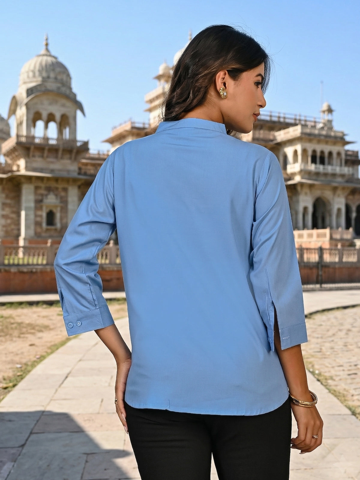 Skyblue Viscose Pleated Top