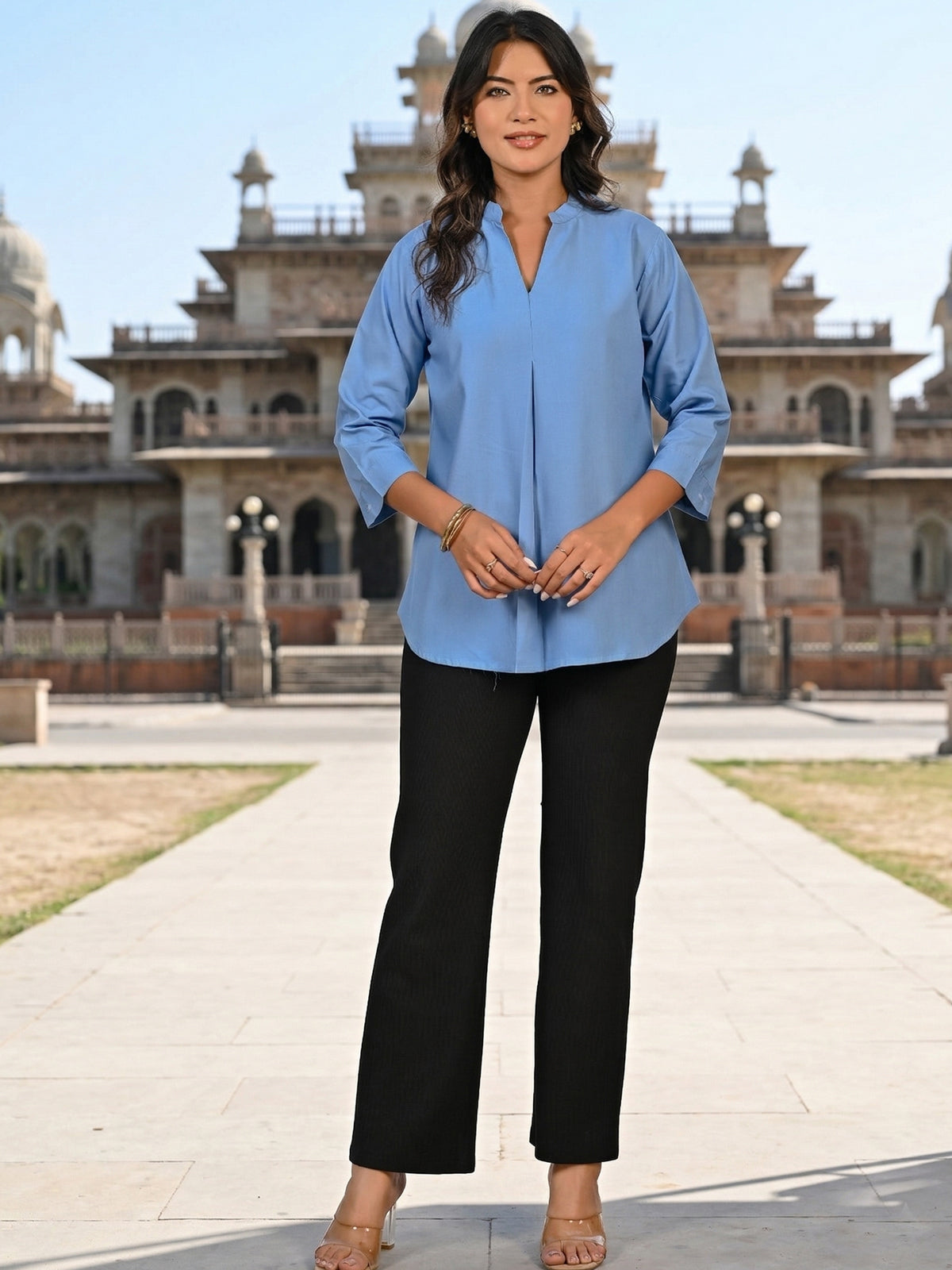 Skyblue Viscose Pleated Top